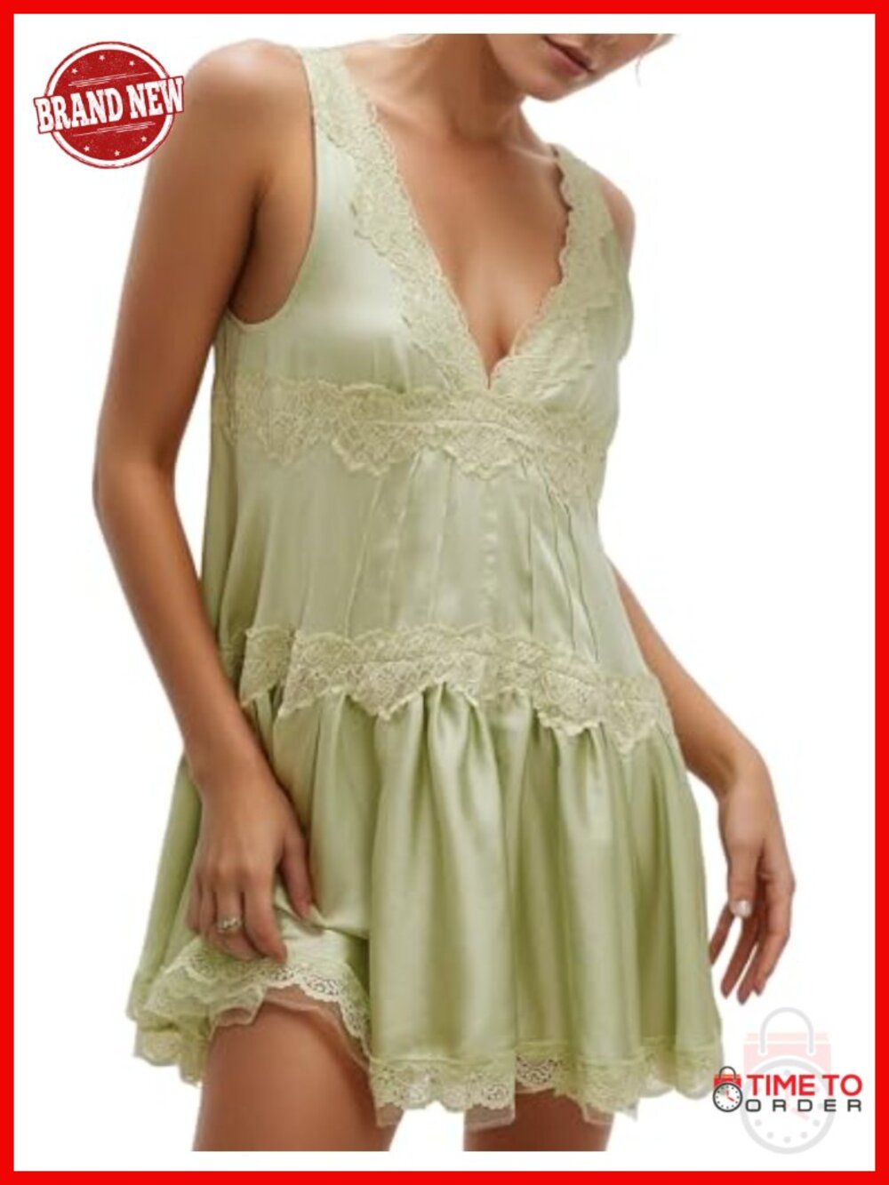 Lace Mini Dress V-Neck Tiered Ruffle Hem Silky Slip Summer Casual